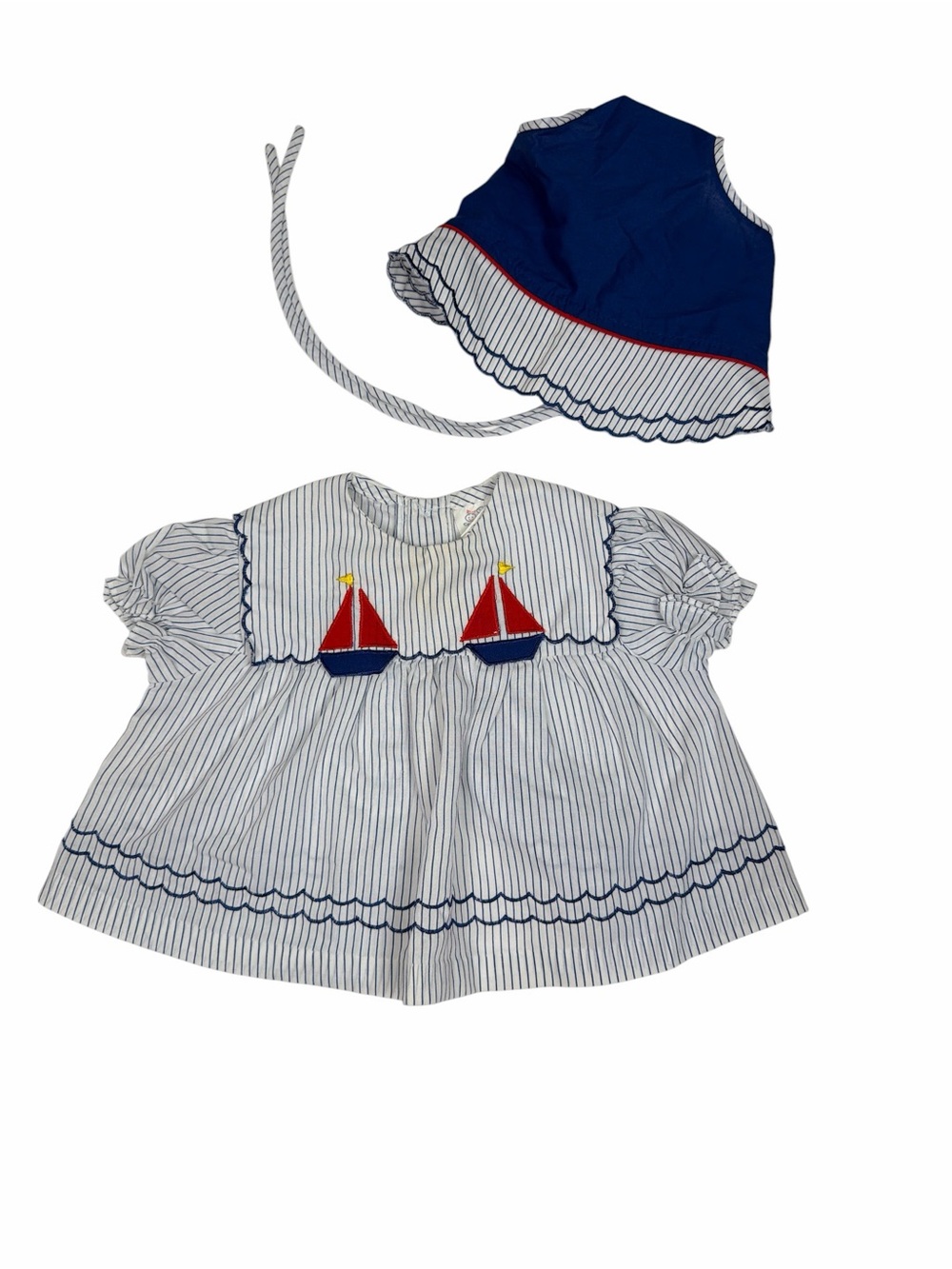Vintage Cradle Togs Sailboat Dress & Bonnet Set Size 9 Months Nautical Baby Girl